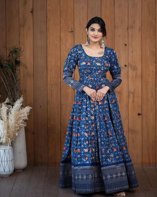 Elegant Blue Printed Georgette Gown For Women – Ethnic Festive Wear
