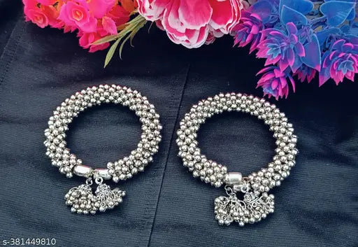 Elegant Oxidized Silver Beaded Bangles with Peacock Charm (Set of 2)