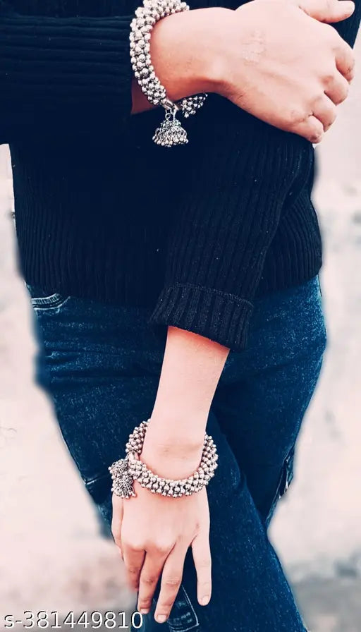 Elegant Oxidized Silver Beaded Bangles with Peacock Charm (Set of 2)