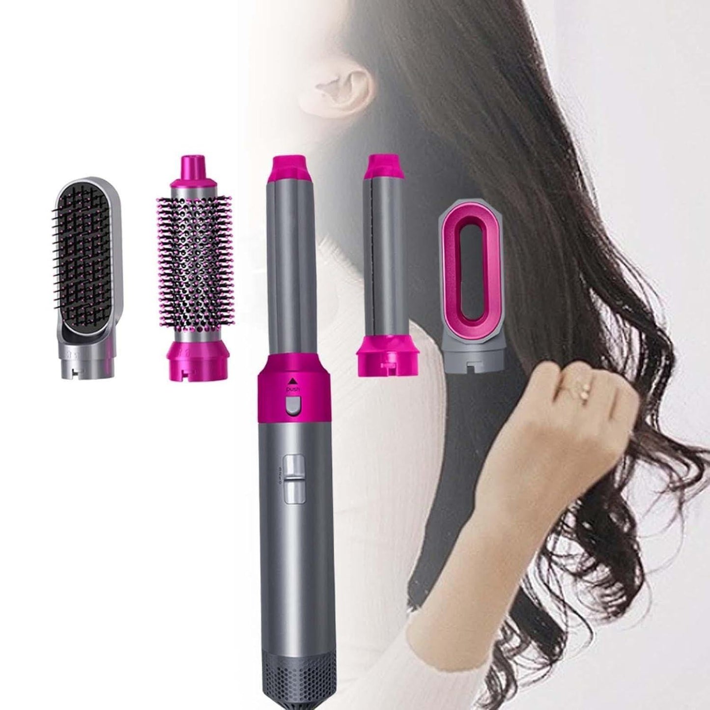 Hair styling tool with interchangeable attachments and a person using it.