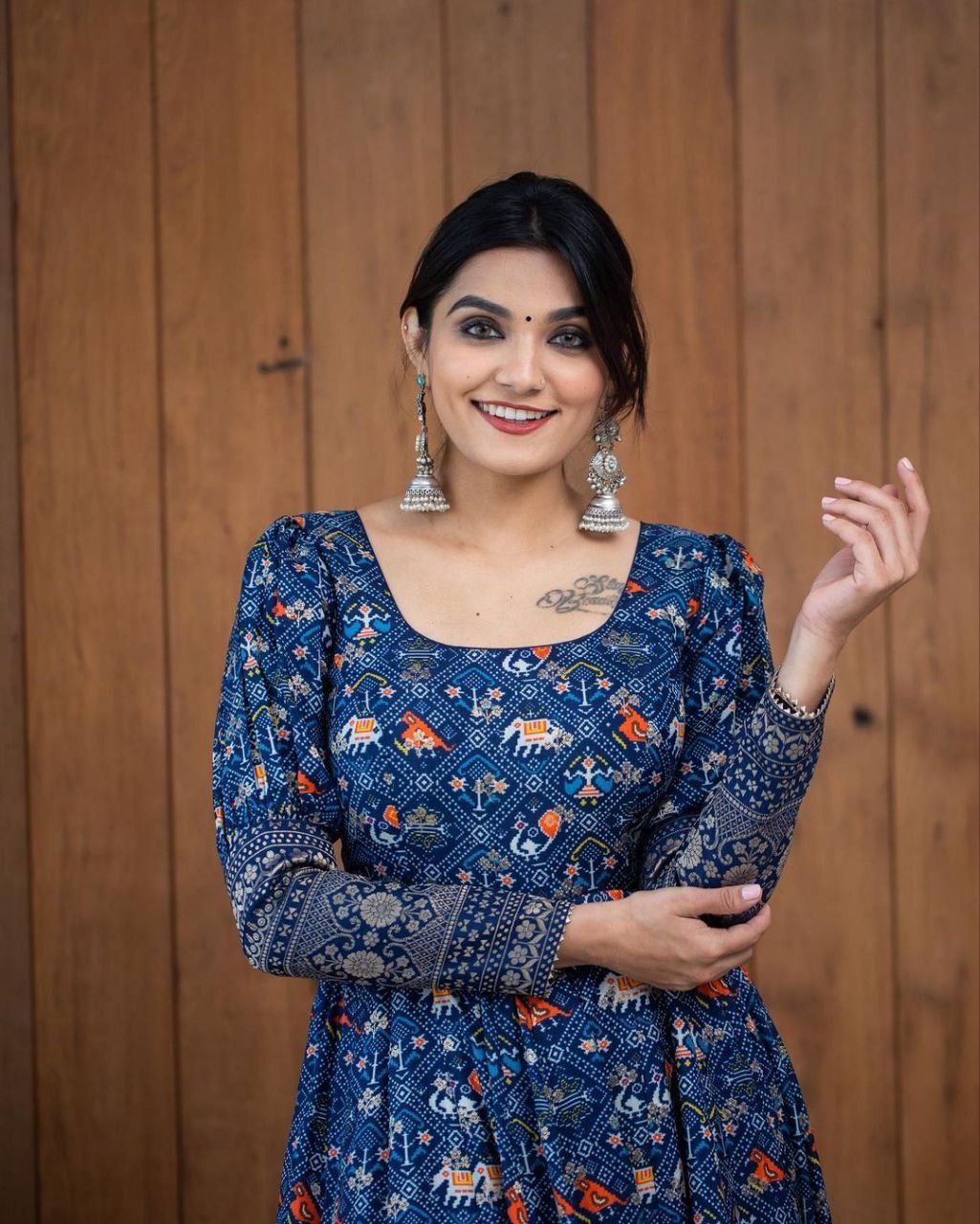 Elegant Blue Printed Georgette Gown For Women – Ethnic Festive Wear
