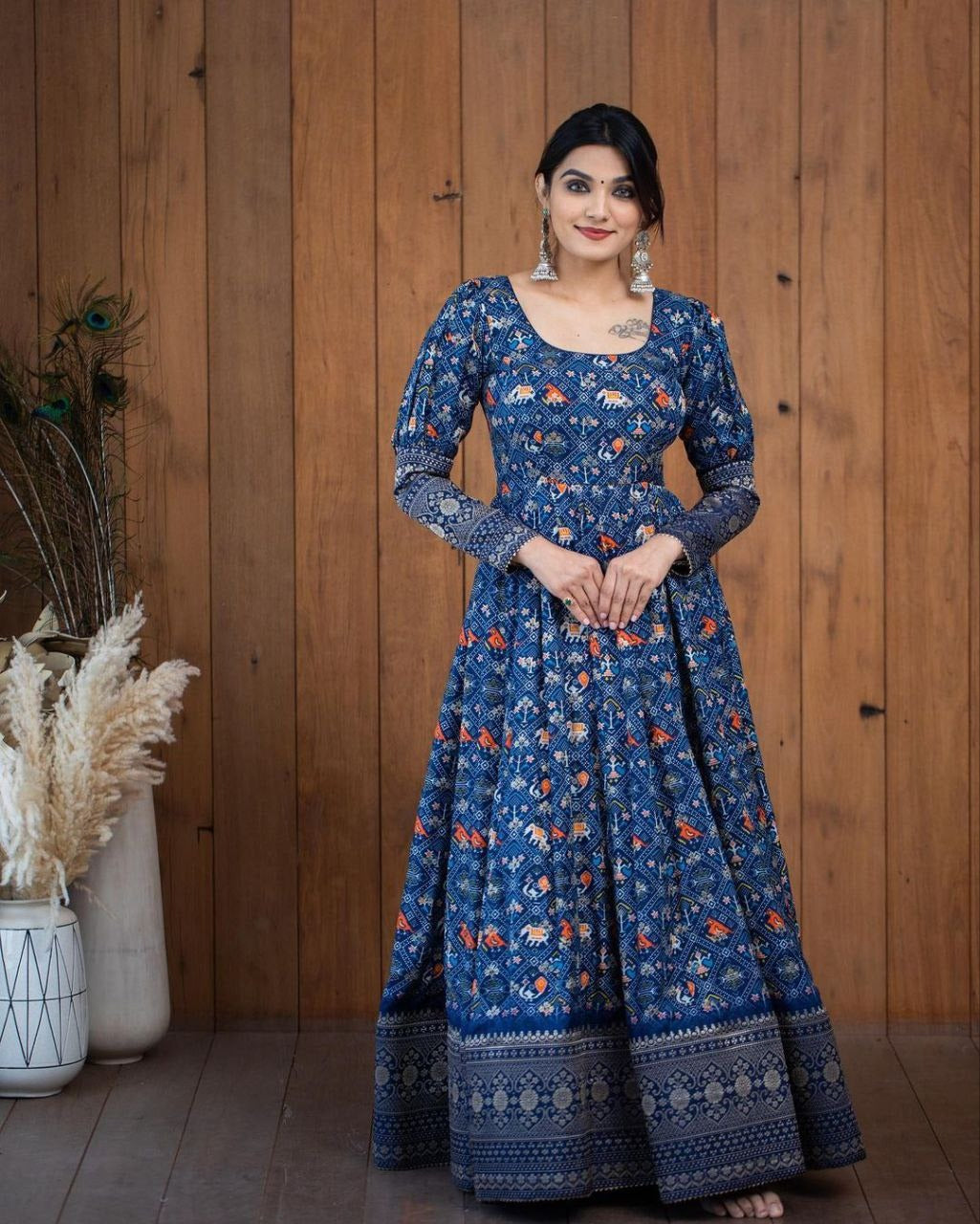 Elegant Blue Printed Georgette Gown For Women – Ethnic Festive Wear