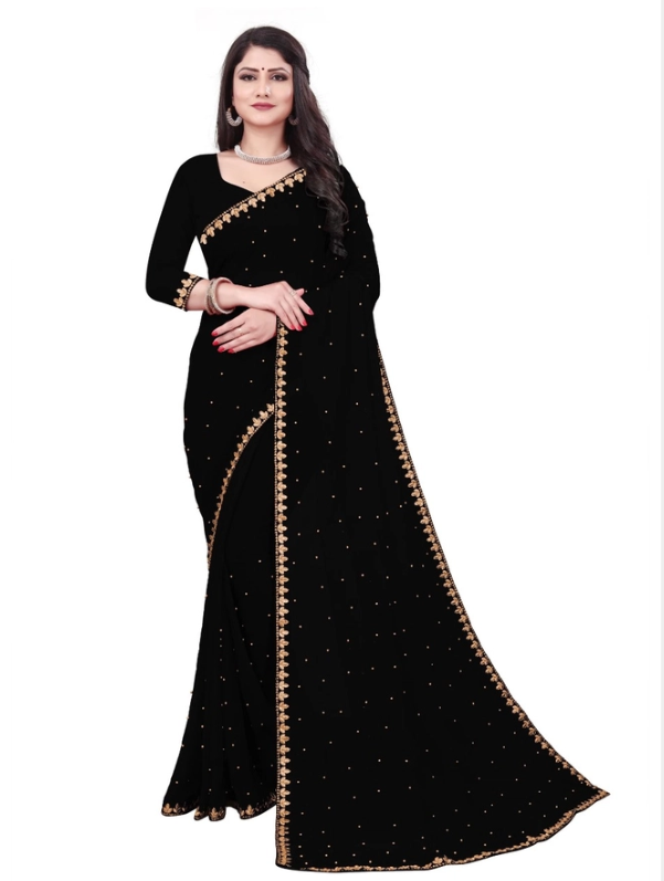 Woman wearing a black saree with gold border on a white background
