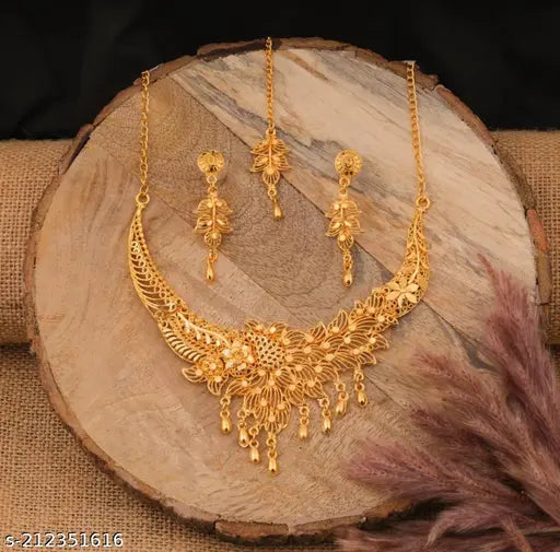 Elegant Floral Gold-Plated Necklace Set with Earrings & Maang Tikka