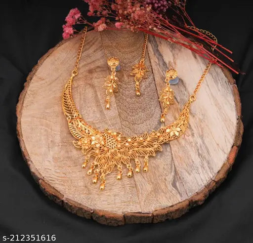 Elegant Floral Gold-Plated Necklace Set with Earrings & Maang Tikka