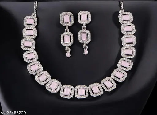 Elegant Silver-Plated Crystal Necklace Set with Designer Earrings