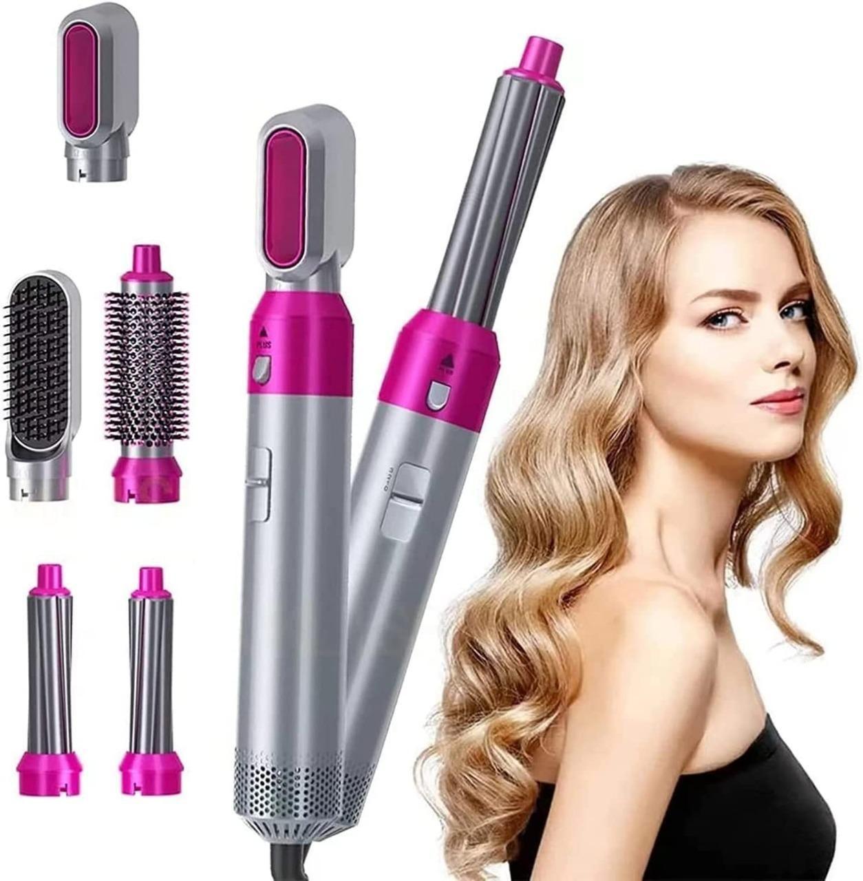 Hair styling tool with interchangeable attachments and a model with styled hair on a white background