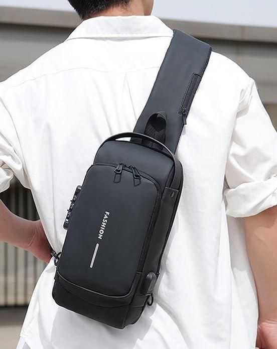 Person wearing a black crossbody bag with 'Fashion' text on a white shirt.