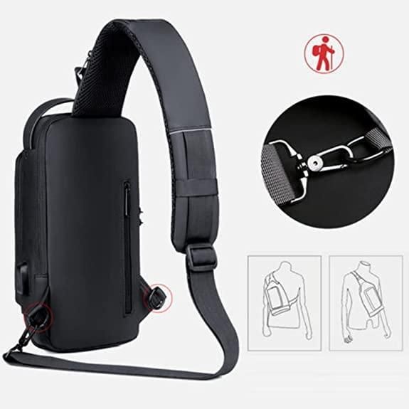 Black shoulder bag with detailed view of zipper mechanism on a white background