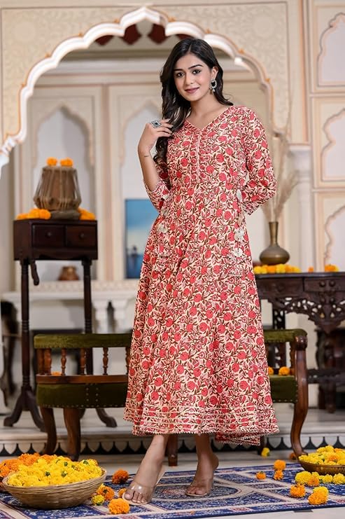 Cotton Printed Anarkali Kurti for Women (Red, M)