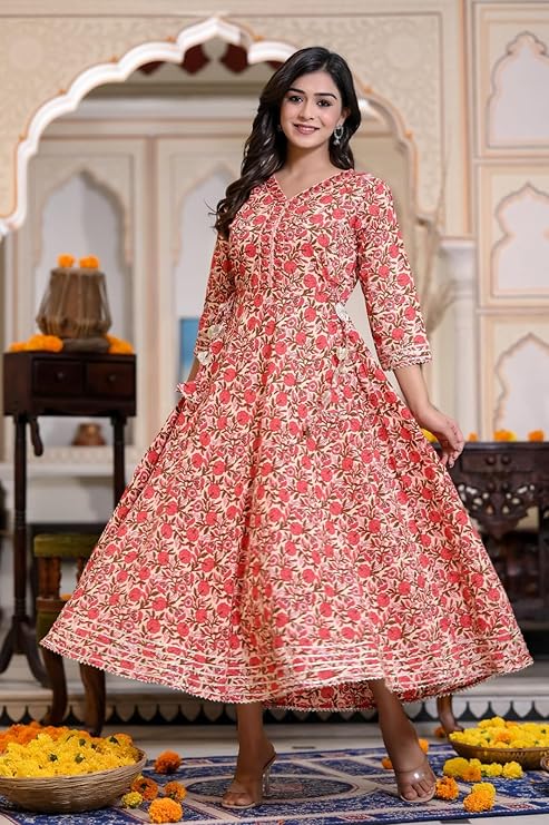 Cotton Printed Anarkali Kurti for Women (Red, M)