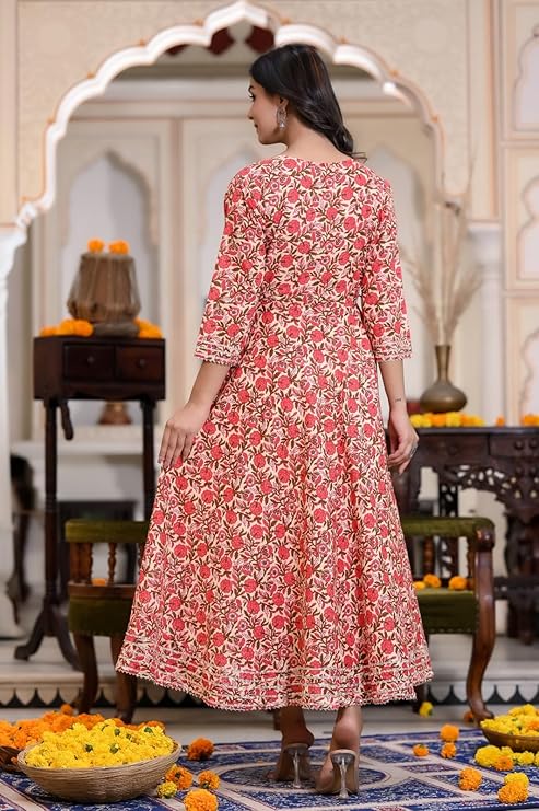 Cotton Printed Anarkali Kurti for Women (Red, M)