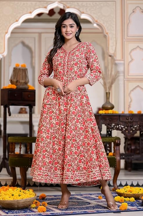 Cotton Printed Anarkali Kurti for Women (Red, M)
