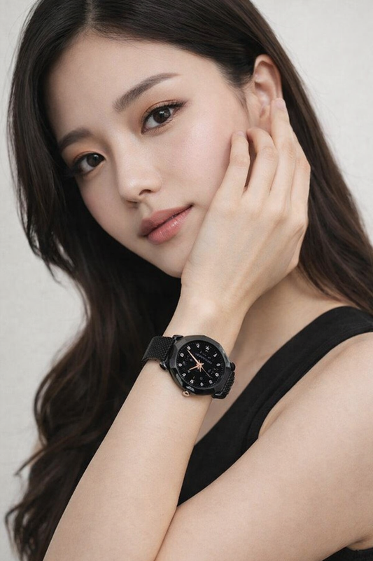 Woman wearing a black wristwatch with a plain background