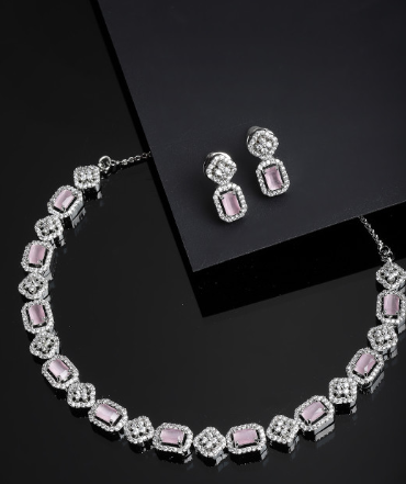 Elegant Silver-Plated Crystal Necklace Set with Designer Earrings