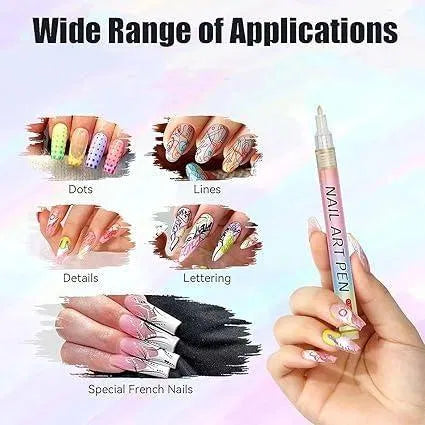 Nail art pen with examples of nail designs it can create on a colorful background.