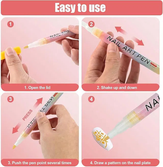 Step-by-step guide on how to use a nail art pen with text instructions.