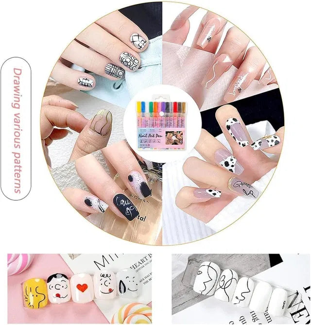 Nail art design set with tools and examples of nail art patterns.
