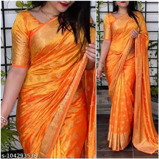 Orange saree with gold border worn by a person, displayed against a neutral background.
