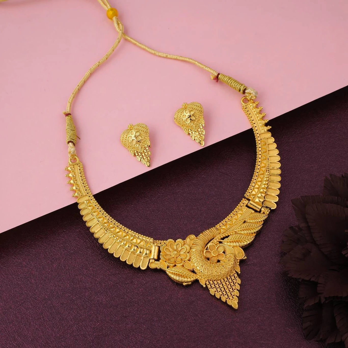Traditional Gold-Plated Floral Necklace Set with Matching Earrings