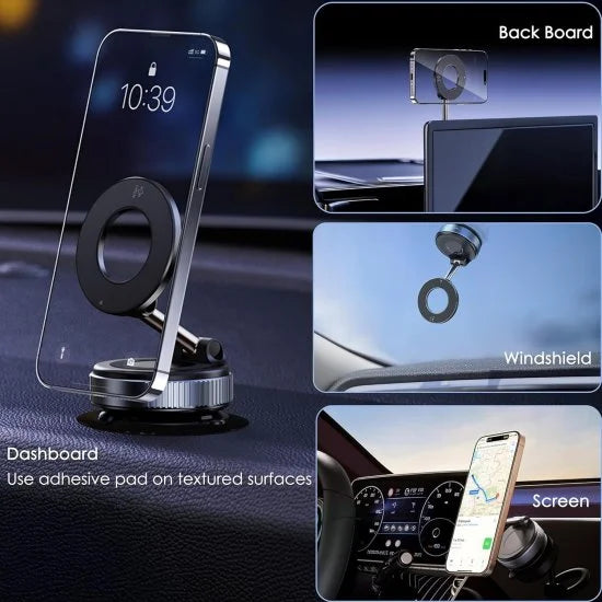 Multifunctional phone holder with various mounting options on a dark background