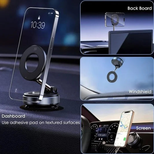 Multifunctional phone holder with various mounting options on a dark background