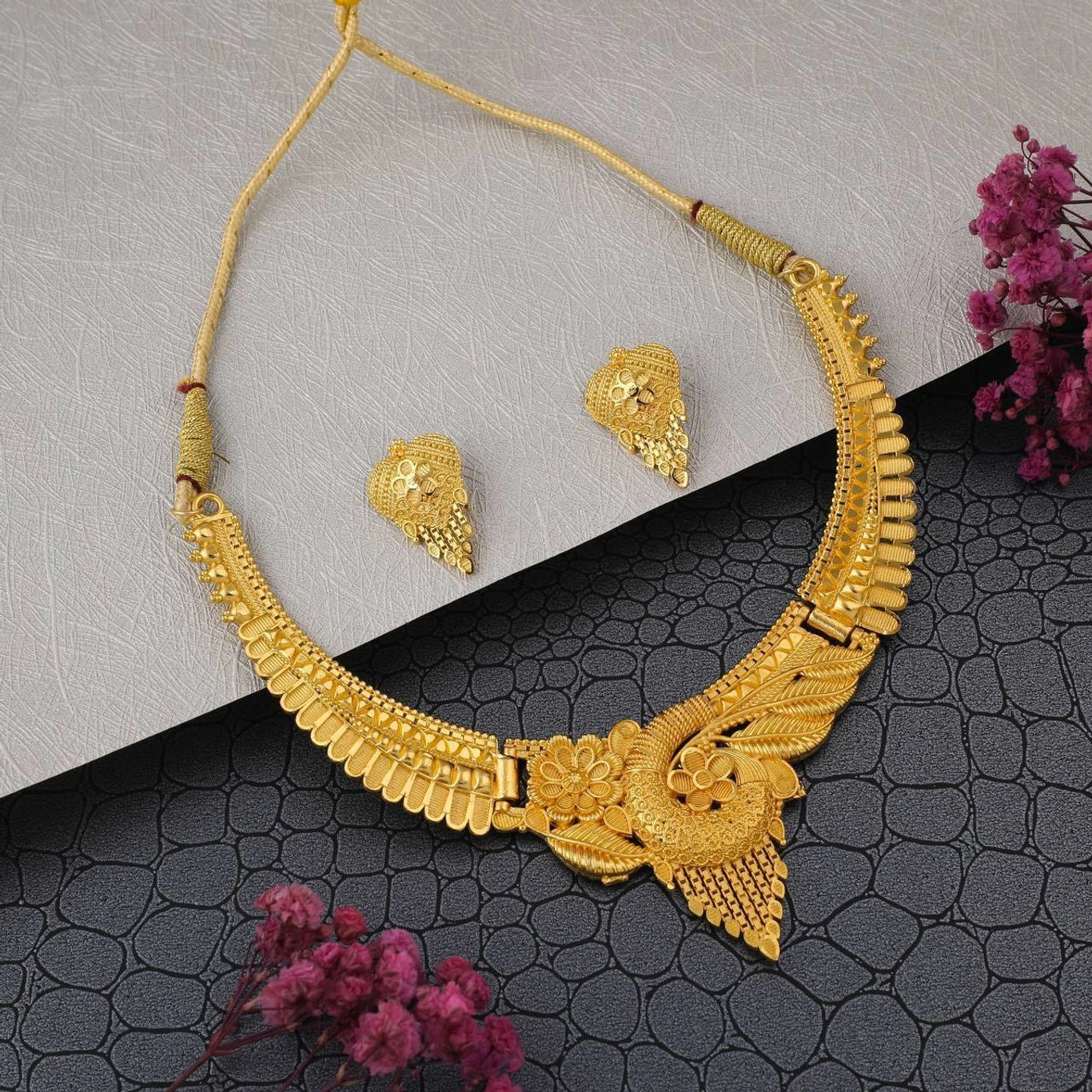 Traditional Gold-Plated Floral Necklace Set with Matching Earrings